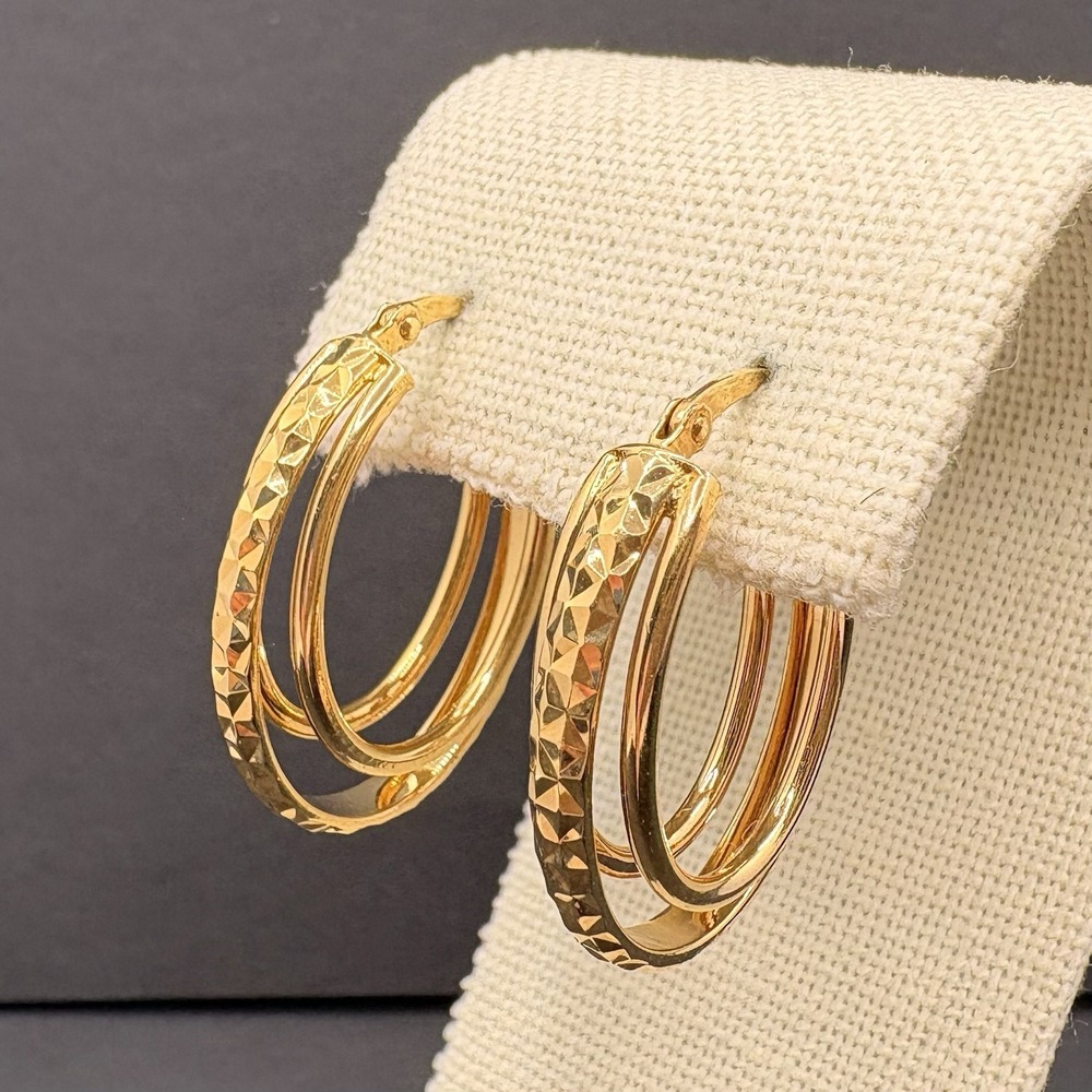 Milor Italy Bronze Triple Hoop Textured Gold Tone Pierced Earrings Classic 1"